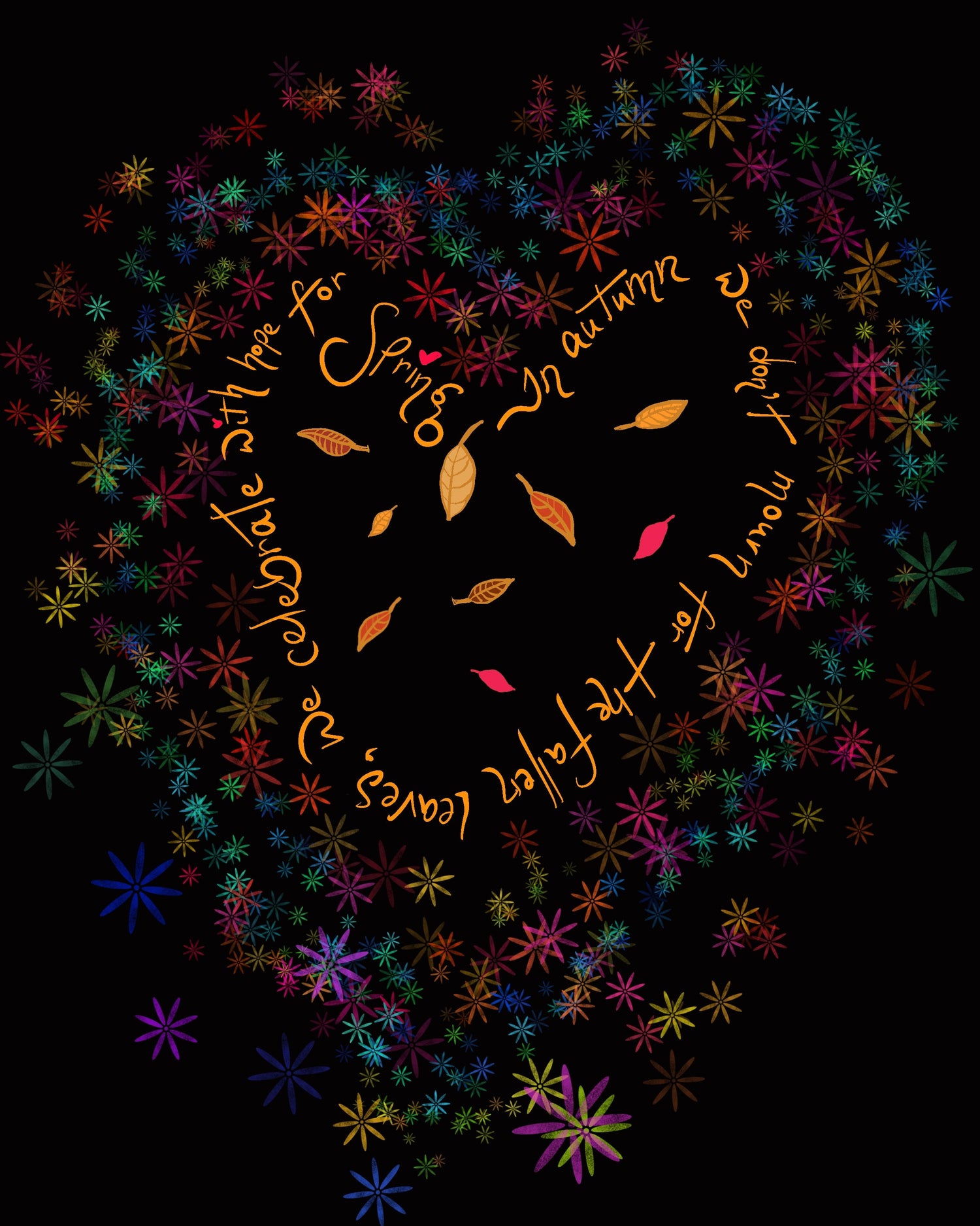 Decorative image with autumn leaves & autumn coloured daisy-like flowers